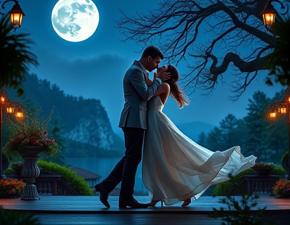 opera recordings album cover, passionate, performing duet, photorealistic, on an open-air stage with lush gardens and moonlight, highly detailed, soft breeze moving their garments, ISO 400, silver and blue tones, moonlit lighting, shot with a 70-200mm telephoto lens