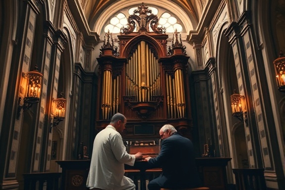 sacral music album cover, divine, playing organ, photorealistic, in an ornate church interior with grand arches and marble, highly detailed, ethereal glow around the artist, ISO 200, cool and warm light mix, dramatic lighting, shot with a 35mm wide-angle lens