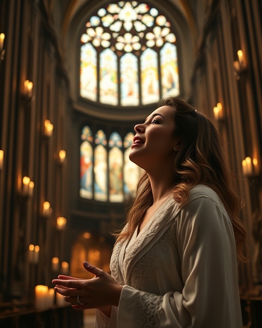 spiritual opera album cover, serene, singing, photorealistic, in a grand cathedral with intricate stained glass and candlelit ambiance, highly detailed, light streaming through windows, f/2.8, warm and rich hues, ambient lighting, shot with an 85mm prime lens